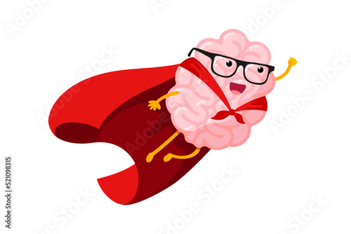 Cartoon human brain fly in sky as super hero. Clever central nervous system mascot superhero with glasses in red coat. Human mind organ character inspiration. Brainstorming and idea concept. Vector