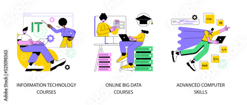 IT specialist training abstract concept vector illustration set. Information technology courses, online big data degree program, advanced computer skills, data and web programming abstract metaphor.
