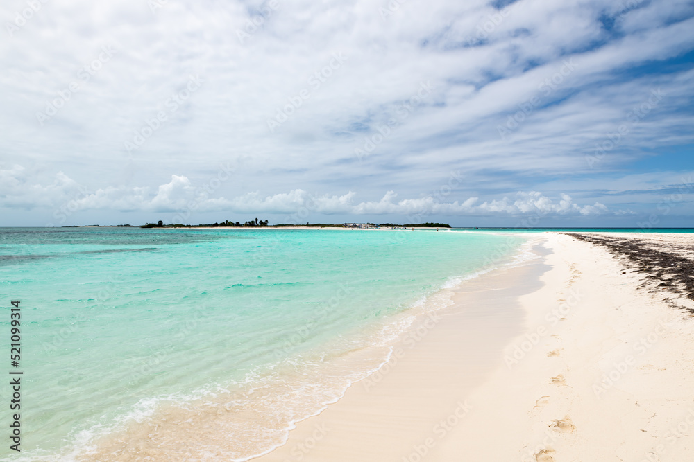 Los Roques Archipelago, Venezuela, 07.30.2022: white tropical beach in Cayo de Agua  (Water Cay).