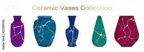 Ceramic vases for flower bouquets vector collection. Home decor interior objects illustration..