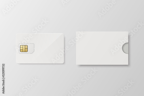 Vector 3d Realistic White Plastic Card and Sim Card Template, Paper Cover Wallet Isolated. Design Template of Sim Card with Plastic Card for Mockup, Branding. Front View