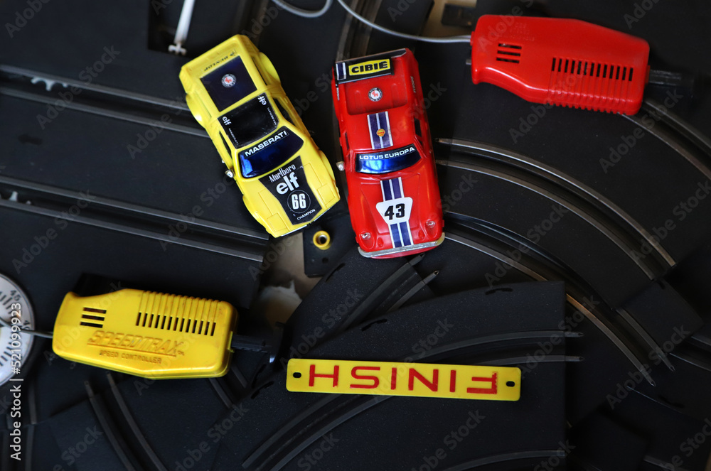 Car racing game. Scalextric. Remote control car track. Children's toy