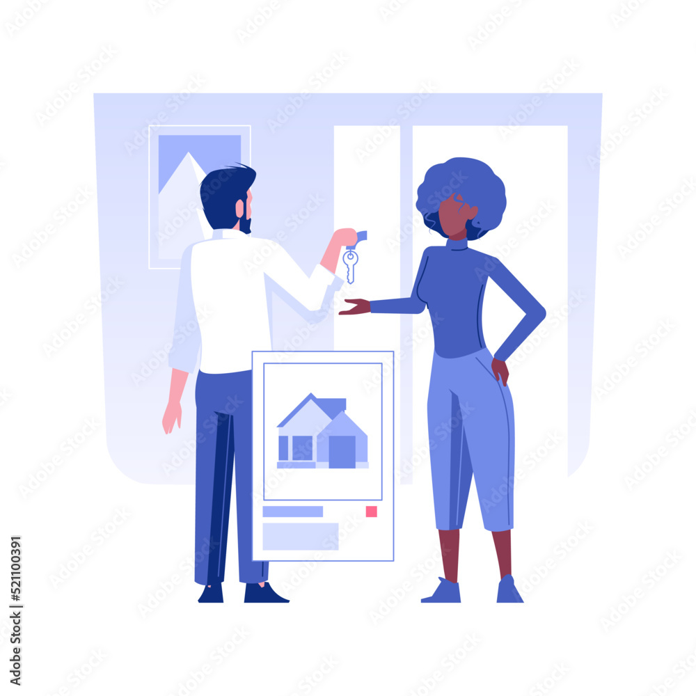 Leasing service isolated concept vector illustration. Real estate agent giving keys to clients, leasing services, taking loan, brokerage company business, purchasing property vector concept. Leasing service isolated concept vector illustration. Real estate agent giving keys to clients, leasing services, taking loan, brokerage company business, purchasing property vector concept.