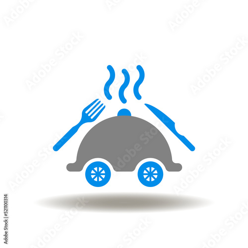 Vector illustration of hot salver on car wheels with fork and spoon. Symbol of food fast delivery. Icon of hot and fresh eat delivery.