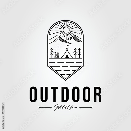 outdoor camping with tent on mountain logo vector illustration design