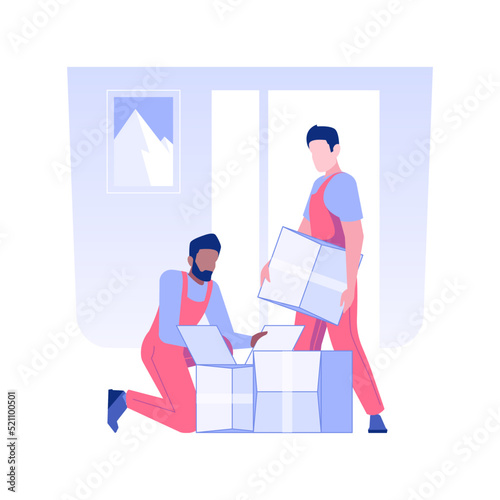 Unpacking belongings isolated concept vector illustration. Full service movers provide unpacking of boxes together, real estate business, couriers delivery services vector concept.