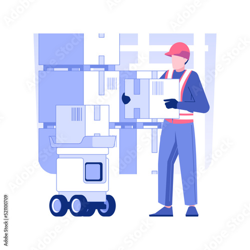 Picking robots isolated concept vector illustration. Autonomous mobile goods-to-person robots at the factory, wholesale and warehousing business, foreign trade industry vector concept.