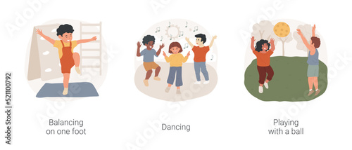 Children physical development isolated cartoon vector illustration set. Balancing on one foot, dancing class, playing with a ball, daycare fitness, kids having fun, throwing ball vector cartoon.