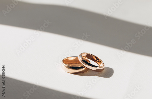 wedding rings on the table. Golden. Wedding ring. Romance. Wedding. 