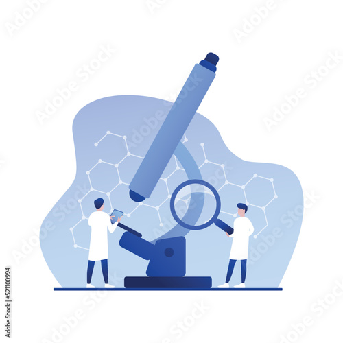 Cartoond Male Doctors Characters with Clipboard Stand near Huge Microscope. Science Research Center, Smart Medical Laboratory, Diagnostic Service. Medicine and Healthcare. Vector Illustration