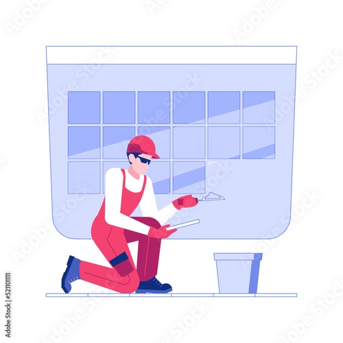 Laying tiles isolated concept vector illustration. Builder in uniform laying tile floor, residential construction, professional repairman at job, porcelain and ceramic surface vector concept.