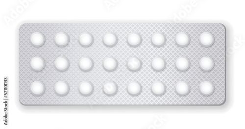 Realistic blisters set. Collection of small pills. Pharmacy and health care, emergency treatment and first aid kit element. Stickers for social networks. Realistic isometric vector illustration