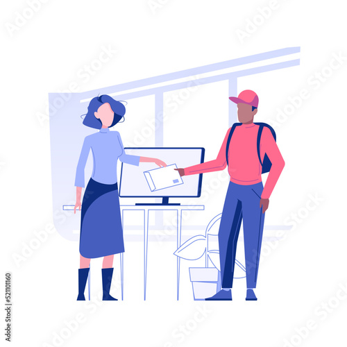 Documents delivery isolated concept vector illustration. Smiling secretary receives documents from the courier, getting an envelope, corporate business, office life vector concept.