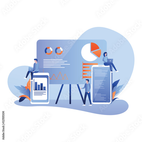 Data analysis - people analyse big data. Teamwork, coworking, workflow process. Flat concept vector illustration for web page, website and mobile website.