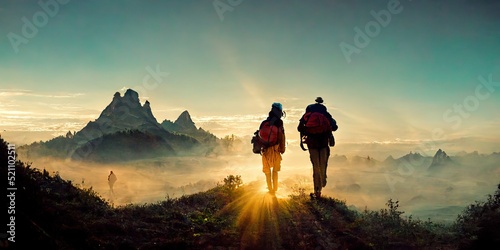 Couple hiking walking travel and adventure tourism traveling in mountains along path and forest with backpacks exploring and experiencing nature. Tourist outdoor