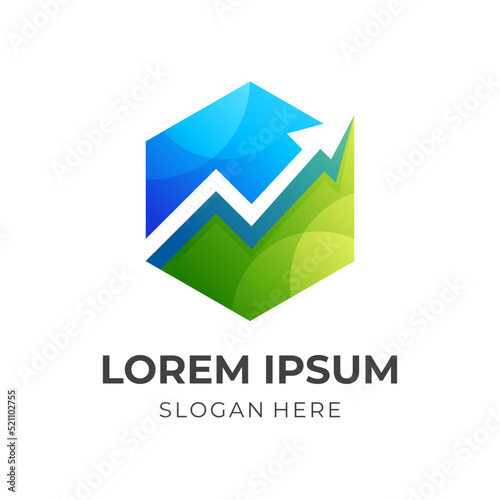 hexagon up logo concept, hexagon and arrow combination logo with 3d blue and green color style