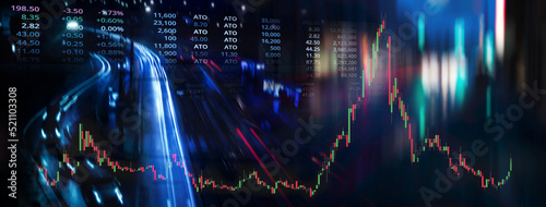 blur glowing colorful light number and ticker graph of stock market business with blur motion red blue city night light banner background © bidala