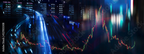 blur glowing colorful light number and ticker graph of stock market business with blur motion red blue city night light banner background