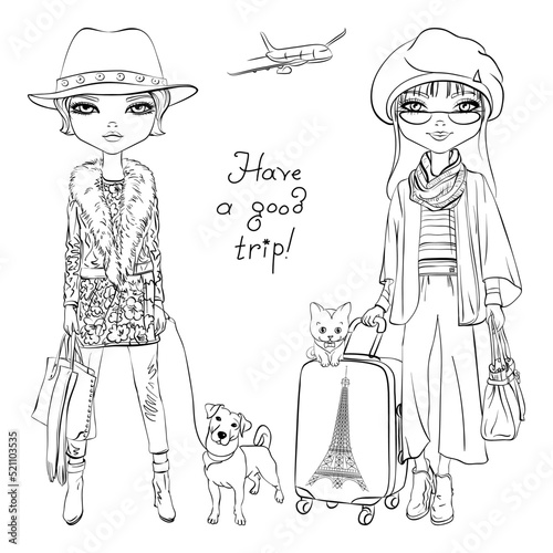 Vector fashion girls with dog and cat travel the world on airplanes. Black and white illustration for coloring book.
