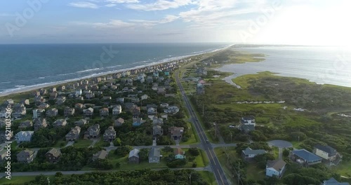 Drone shot of Frisco, NC in the southern Outer banks near with Hatteras in the background