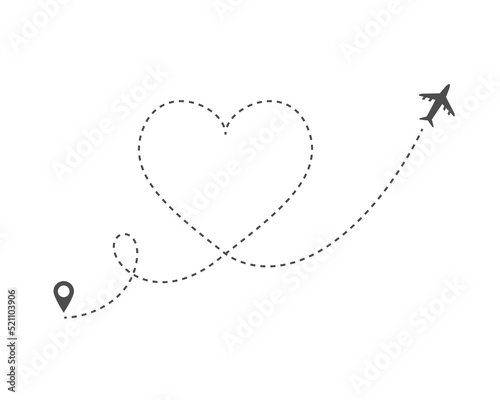 Ruta de viaje en avión en forma de corazón. Concepto de viajes. Puntos de ubicación y destino