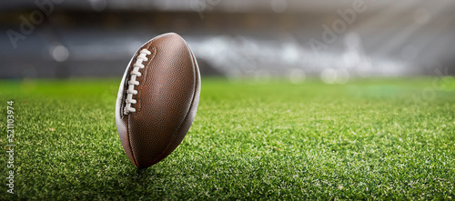 American football ball on the grass of a stadium - copyspace photo