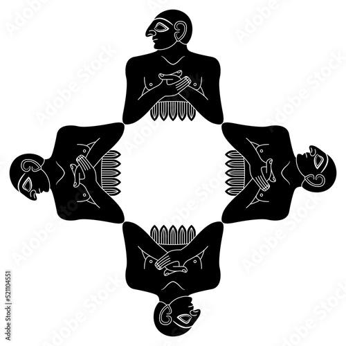 Ethnic round frame or square cross design with ancient Sumerian men. King of Lagash. Black and white negative silhouette.