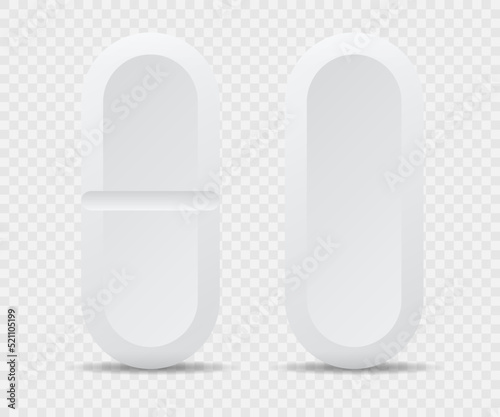 Realistic white pills. Set of oval shaped tablets with dividing line. Medical or pharmacological means for treatment and prevention. Cartoon 3D vector collection isolated on transparent background