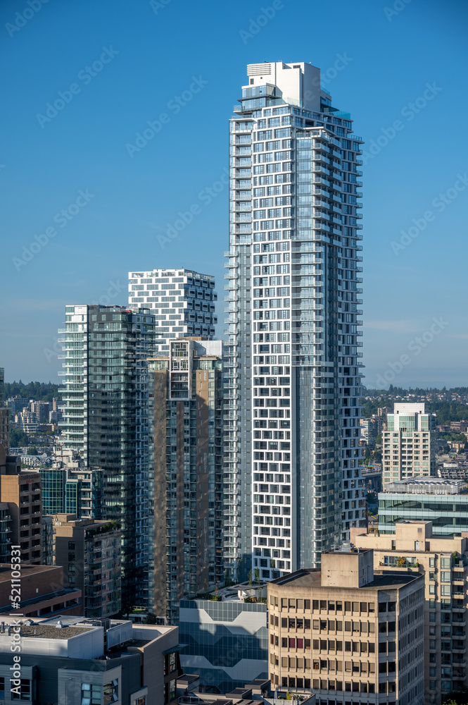Vancouver, British Columbia - July 23, 2022: Beautiful condominium towers in downtown Vancouver.