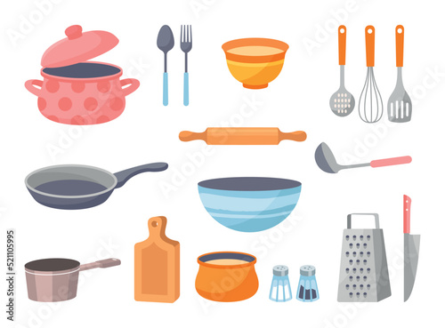 Set of Kitchen tools. Crockery and kitchen utensils for cooking. Stickers or icons set with saucepan, pan, knife, rolling pin, plate and spoons. Cartoon flat vector illustration in doodle style