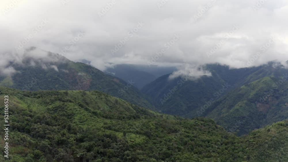 Stunning Nature Landscape At Khasi Hills Under Dramatic Sky With Low Cloudscape In Meghalaya, India. Aerial Wide Shot Stunning Nature Landscape At Khasi Hills Under Dramatic Sky With Low Cloudscape In Meghalaya, India. Aerial Wide Shot