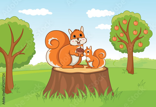 Cute squirrels at forest. Mom and child with nut, forest dwellers in clearing. Animals next to tree with apples. Poster or banner for website. Nature and fauna. Cartoon flat vector illustration