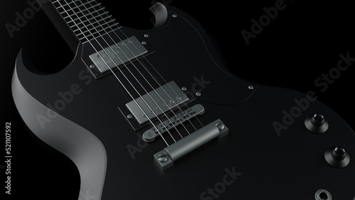 Black electric guitar under black background. Concept 3D illustration of legendary rock band, advanced performance techniques and composing activities.