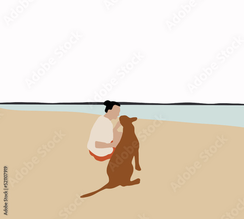 Woman sitting with her pet dog on the beach enjoying the sunset. Happy summer vacation.