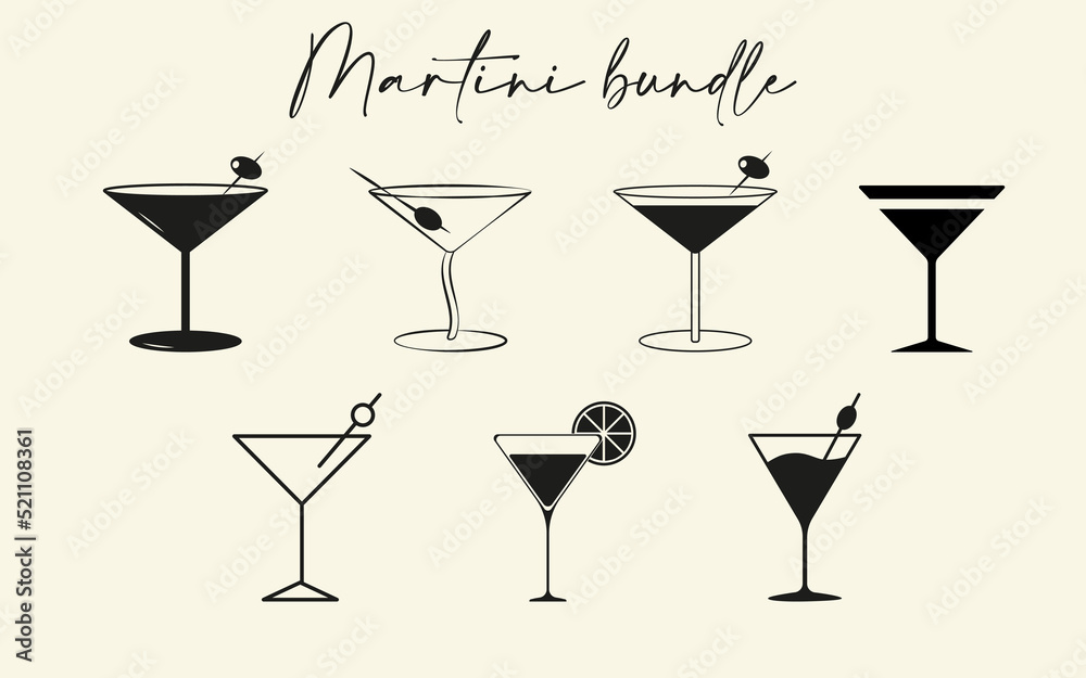 Martini glasses bundle of icons. An alcohol drink bar and beverage theme vector illustration. Martini glasses bundle of icons. An alcohol drink bar and beverage theme vector illustration.