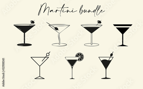 Martini glasses bundle of icons. An alcohol drink bar and beverage theme vector illustration.