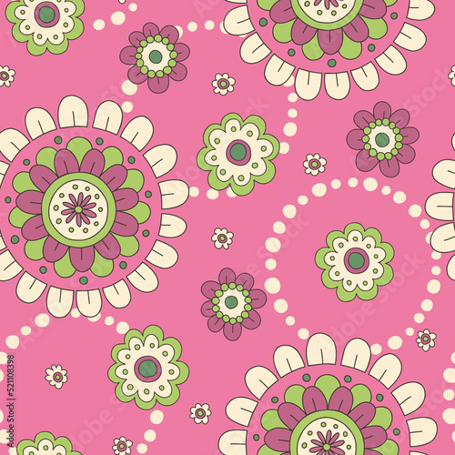 Colorful Pink and Green Large Scale Hand-Drawn Floral Vector Seamless Pattern. Retro 70s Style Nostalgic Fashion Textile Bold Background. Summer Resort Print. Daisies. Flower Power