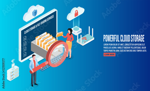 3D isometric Powerful cloud storage, data center, file management concept with administrator team working on cloud. Vector illustration eps10
