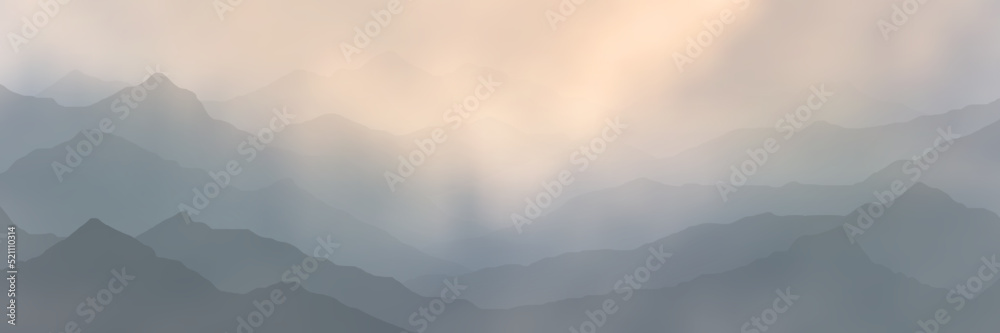 Sunset in the mountains, panoramic view, gloomy weather, vector illustration