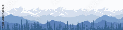 Mountain landscape, panoramic view of ridges and forest in fog, vector illustration