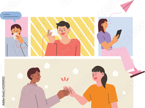 people in each section. People making paper cup phone calls. A person who flies a paper airplane. People you meet and shake hands with. flat design style vector illustration.