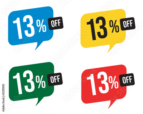 13 percent discount. Blue, yellow, green and red balloons for promotions and offers. Vector Illustration on white background.