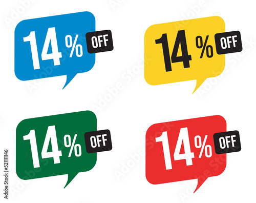  14 percent discount. Blue, yellow, green and red balloons for promotions and offers. Vector Illustration on white background.
