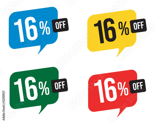16 percent discount. Blue, yellow, green and red balloons for promotions and offers. Vector Illustration on white background.