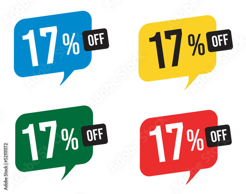 17 percent discount. Blue, yellow, green and red balloons for promotions and offers. Vector Illustration on white background.