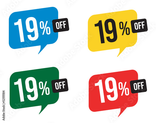 19 percent discount. Blue, yellow, green and red balloons for promotions and offers. Vector Illustration on white background.