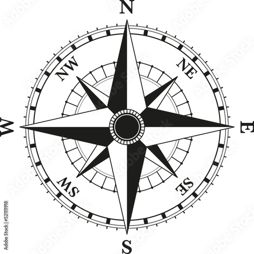 Compass wind rose vector illustration on a white background, art design for global travel, tourism, and exploration.