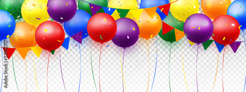 Balloons and flag bunting, confetti in rainbow colors for Celebration, Banner, Birthday, Party, Festive, Anniversary isolated on transparent background. Vector illustration.