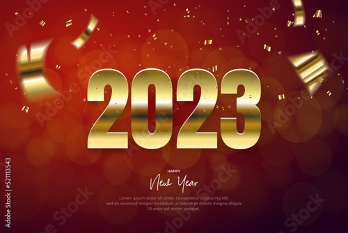 Thick gold 2023 number on blur red background