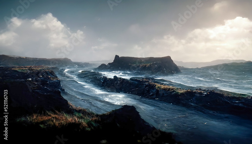 Sea rocky birches of Ireland, cold water, raging sea, fog, waves, ocean. Irish seascape. 3D illustration. photo